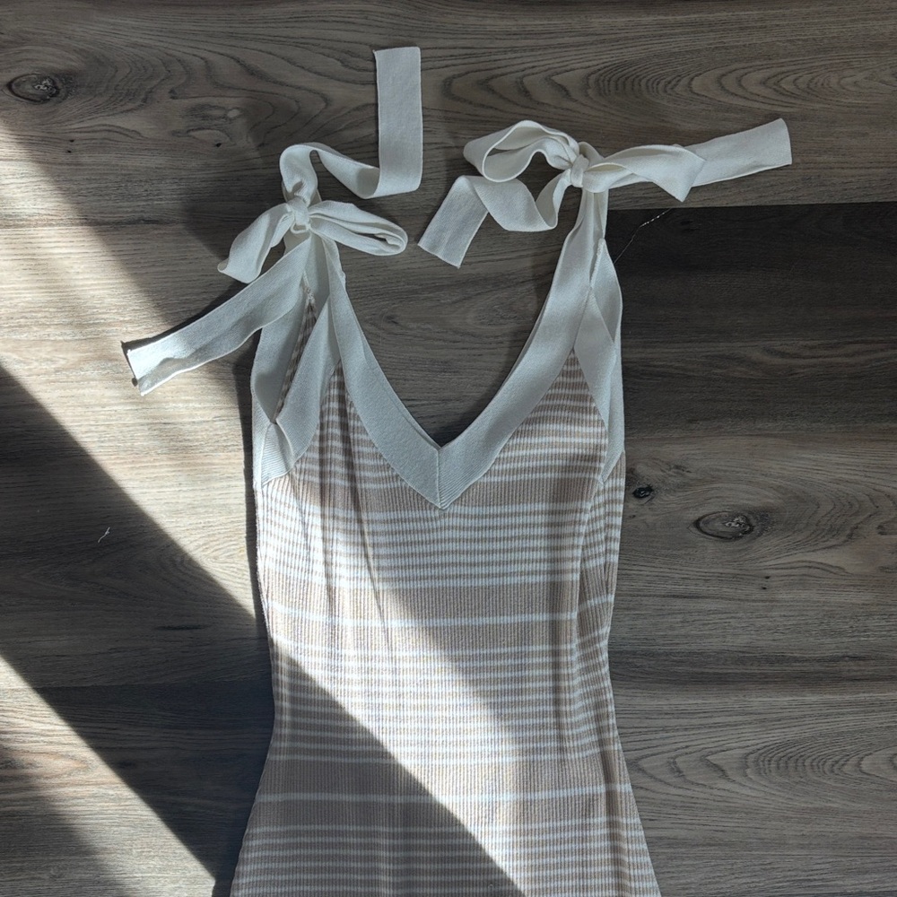 Amazon Beige and White Striped Tie-Shoulder Dress